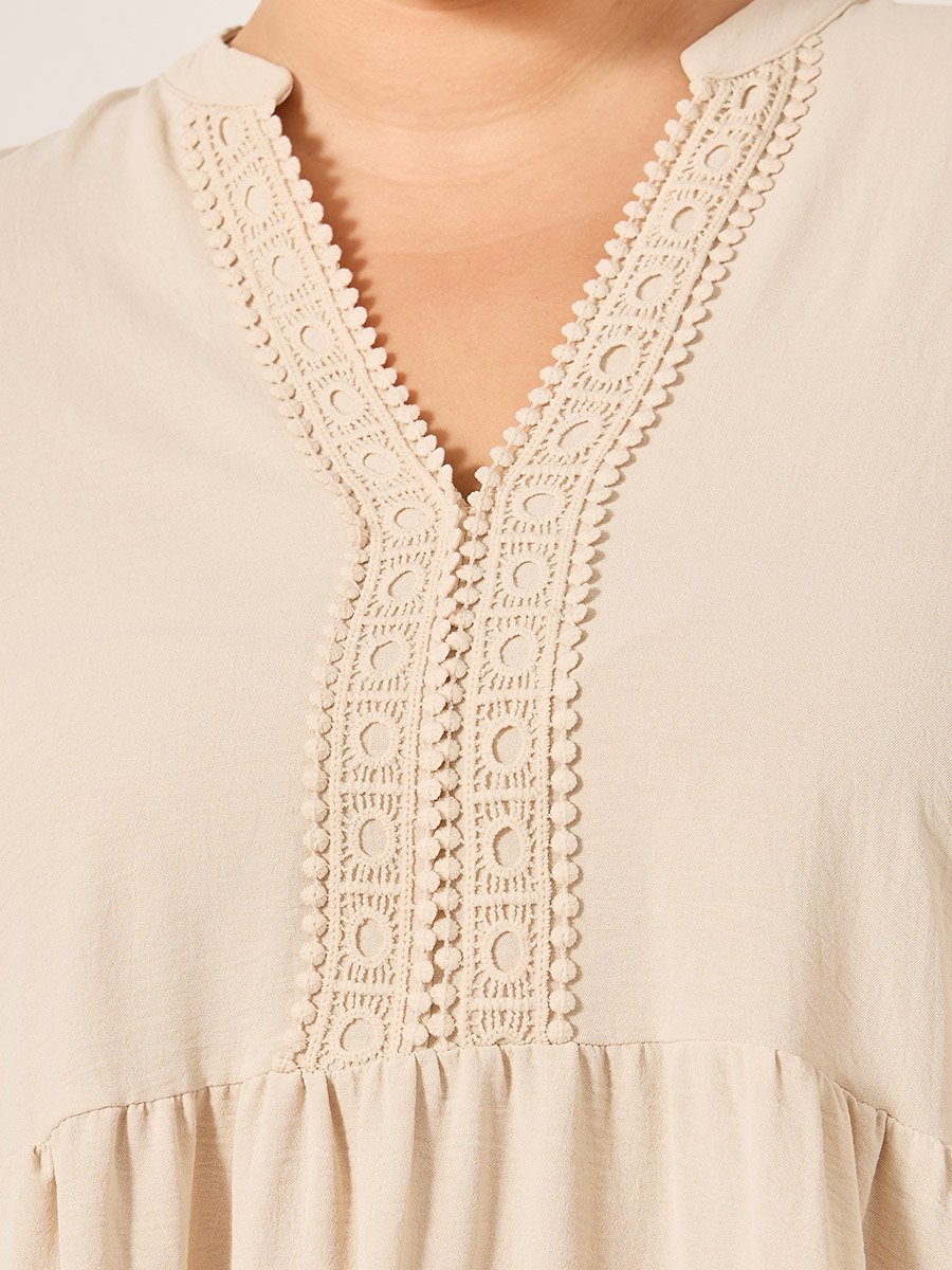Beige A-Line Mini Dress with Lace Detail
