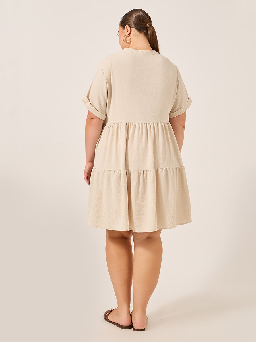 Beige A-Line Mini Dress with Lace Detail