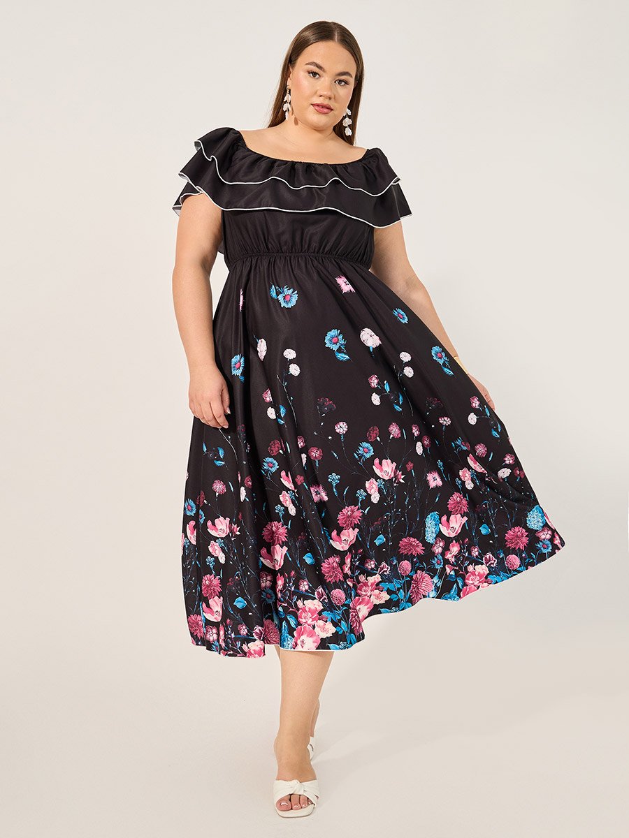 Plus Size Floral Print Off Shoulder Midi Dress