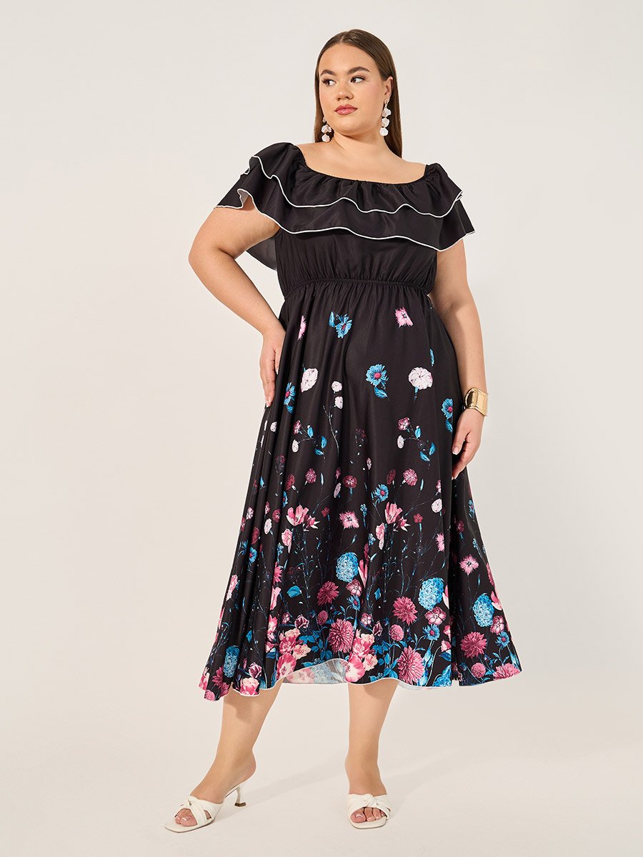 Plus Size Floral Print Off Shoulder Midi Dress