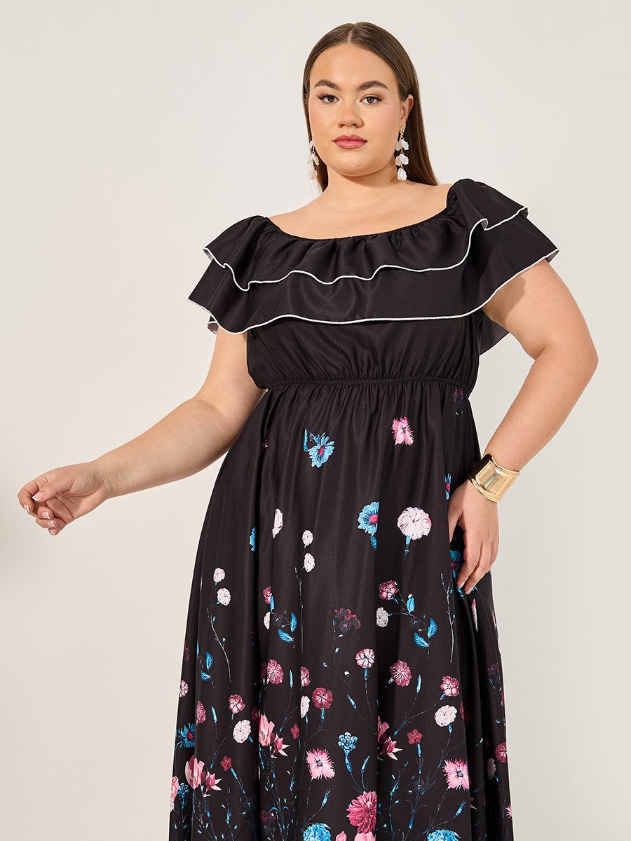 Plus Size Floral Print Off Shoulder Midi Dress