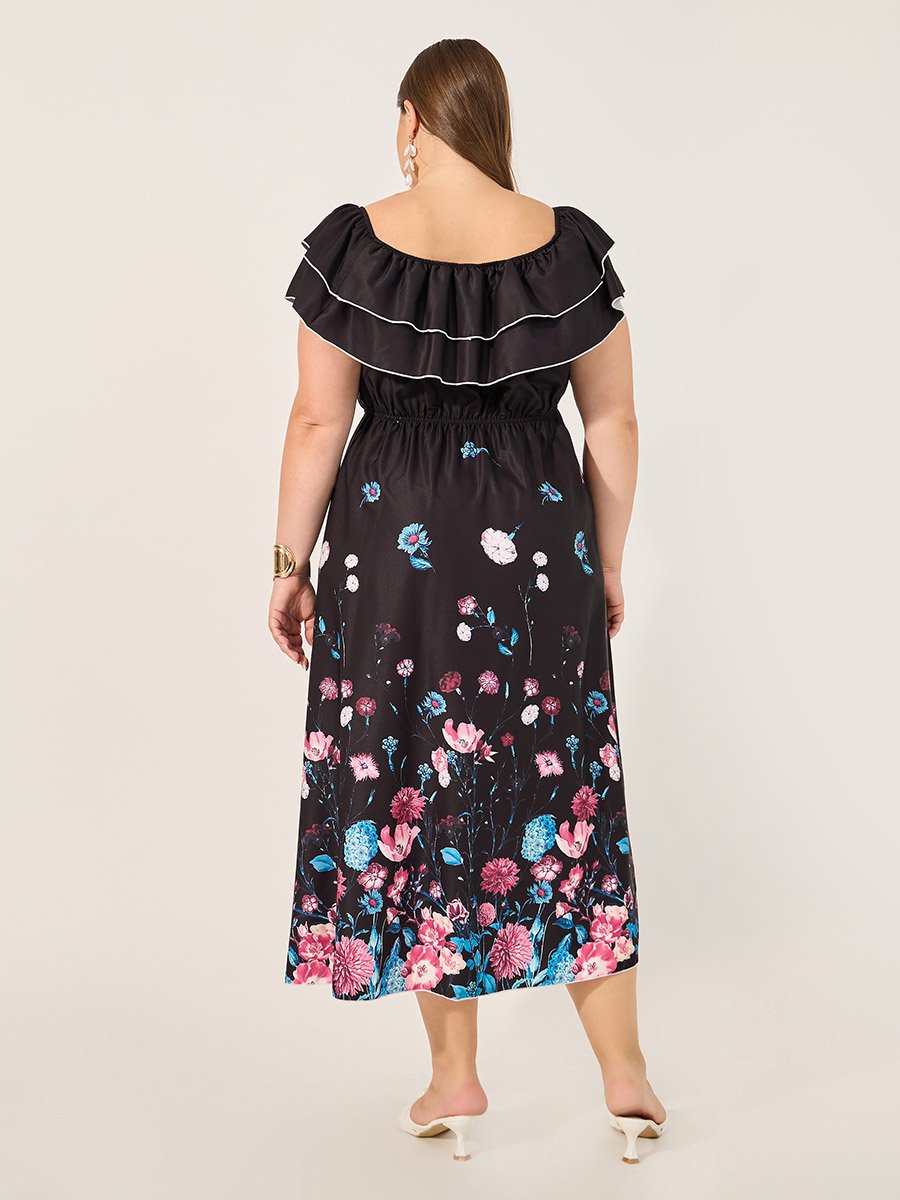 Plus Size Floral Print Off Shoulder Midi Dress