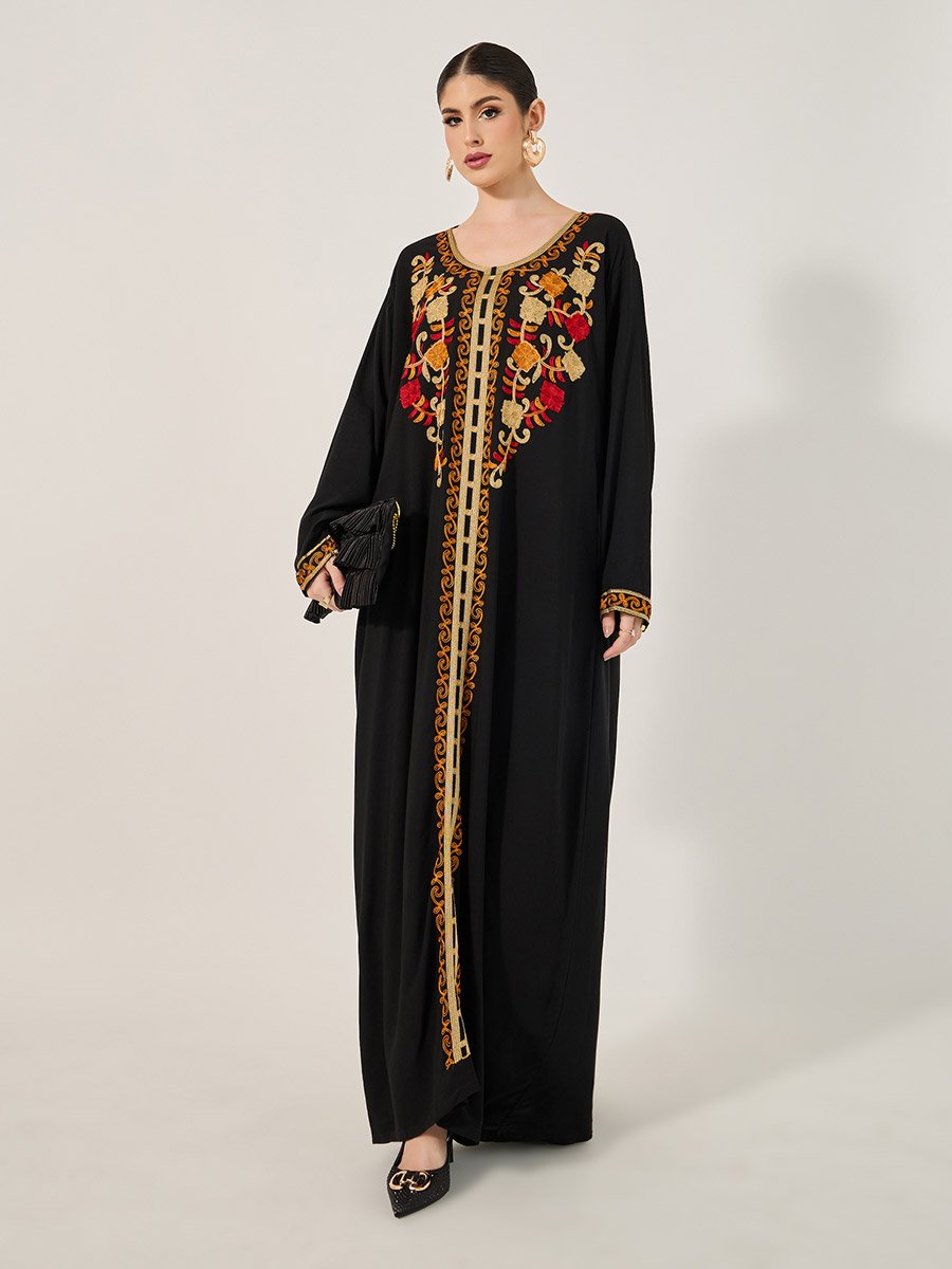 Embroidered Round Neck A-Line Jalabyia