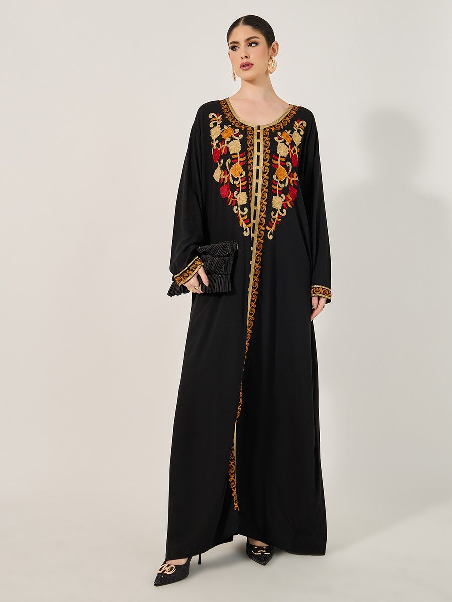 Embroidered Round Neck A-Line Jalabyia