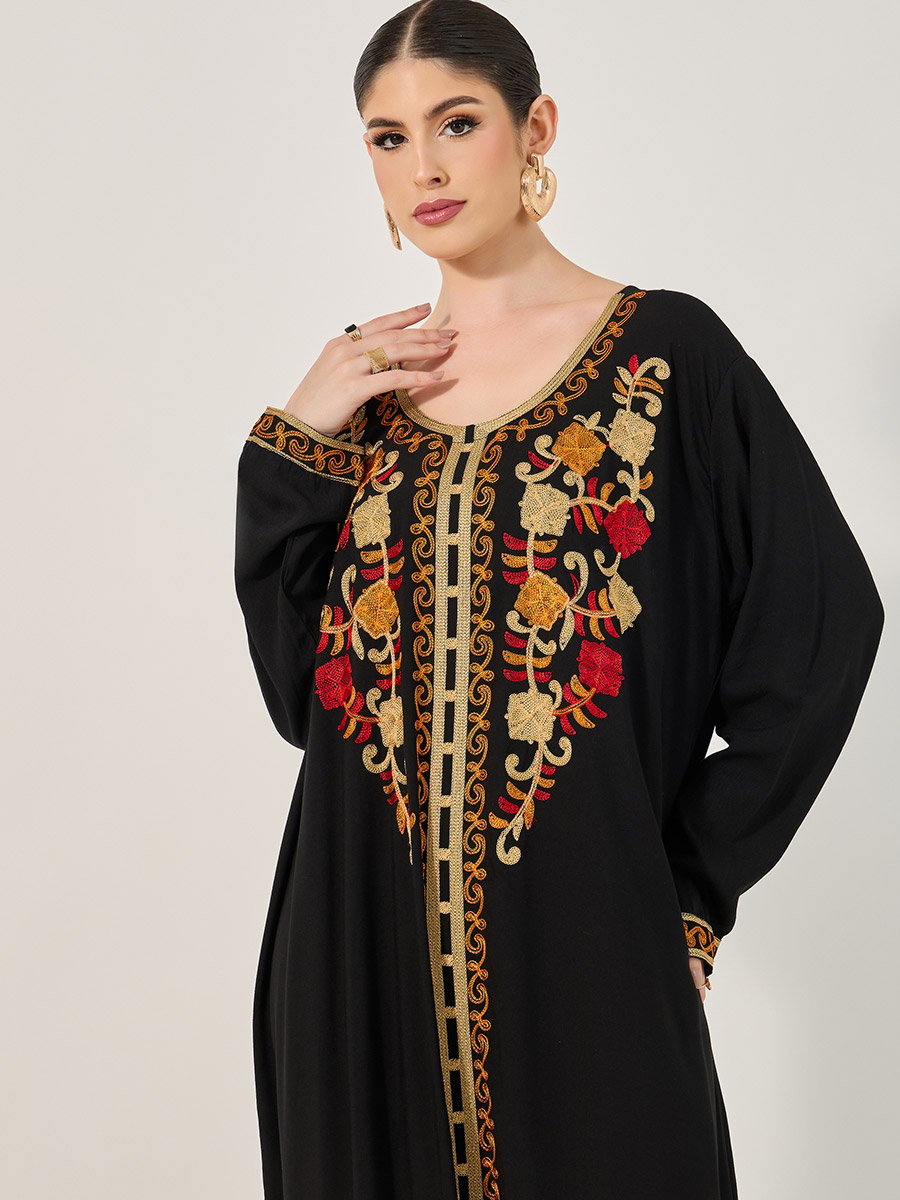 Embroidered Round Neck A-Line Jalabyia
