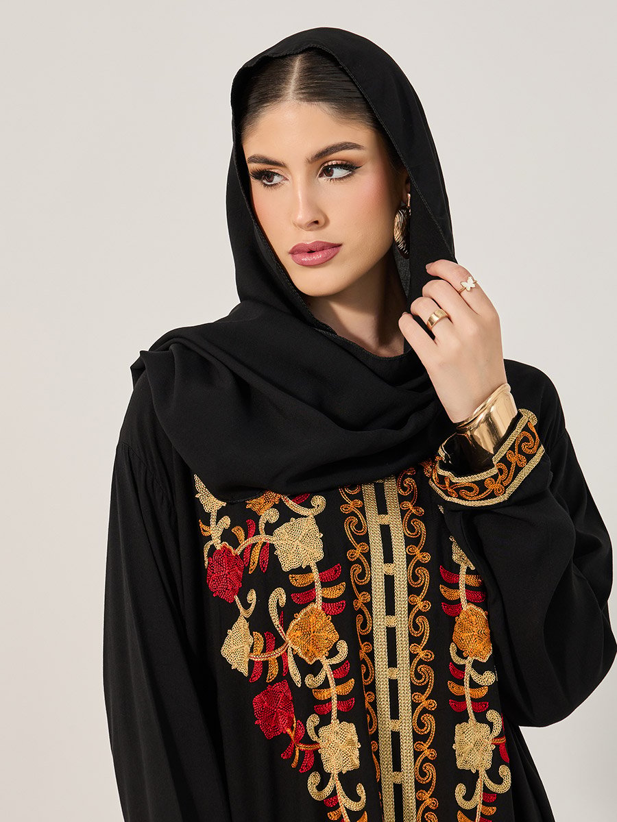 Embroidered Round Neck A-Line Jalabyia