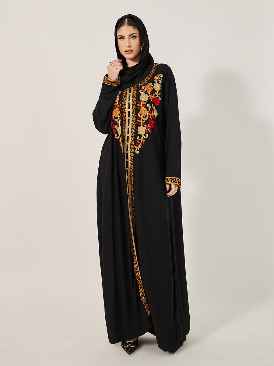 Embroidered Round Neck A-Line Jalabyia