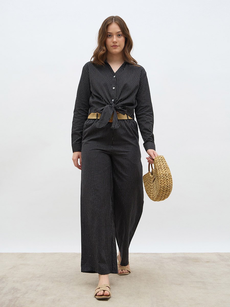 Front Knot Striped Shirt and Pants Co-Ords