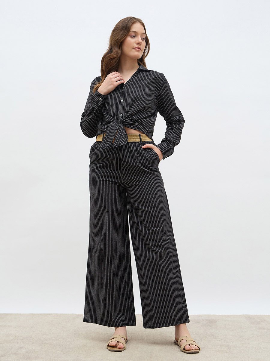 Front Knot Striped Shirt and Pants Co-Ords