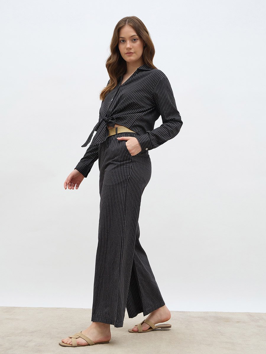 Front Knot Striped Shirt and Pants Co-Ords