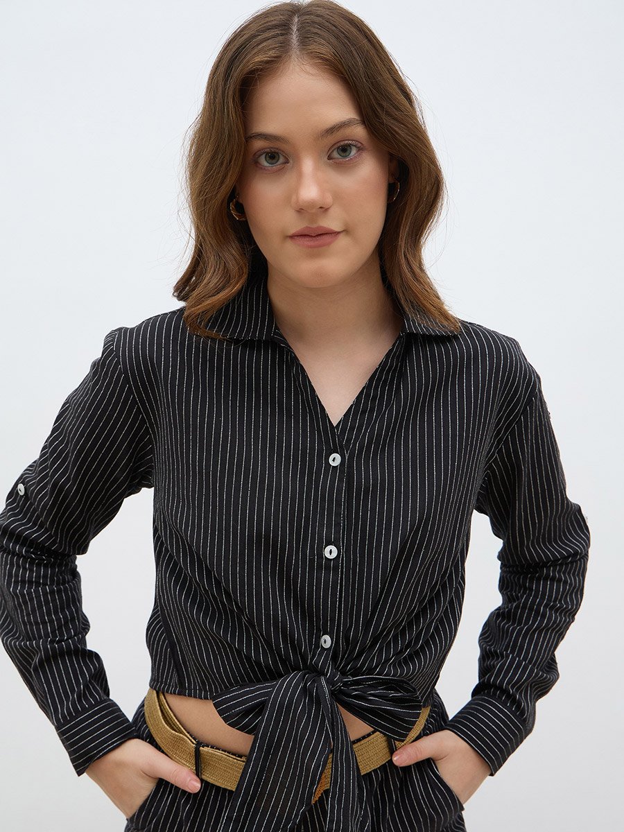 Front Knot Striped Shirt and Pants Co-Ords