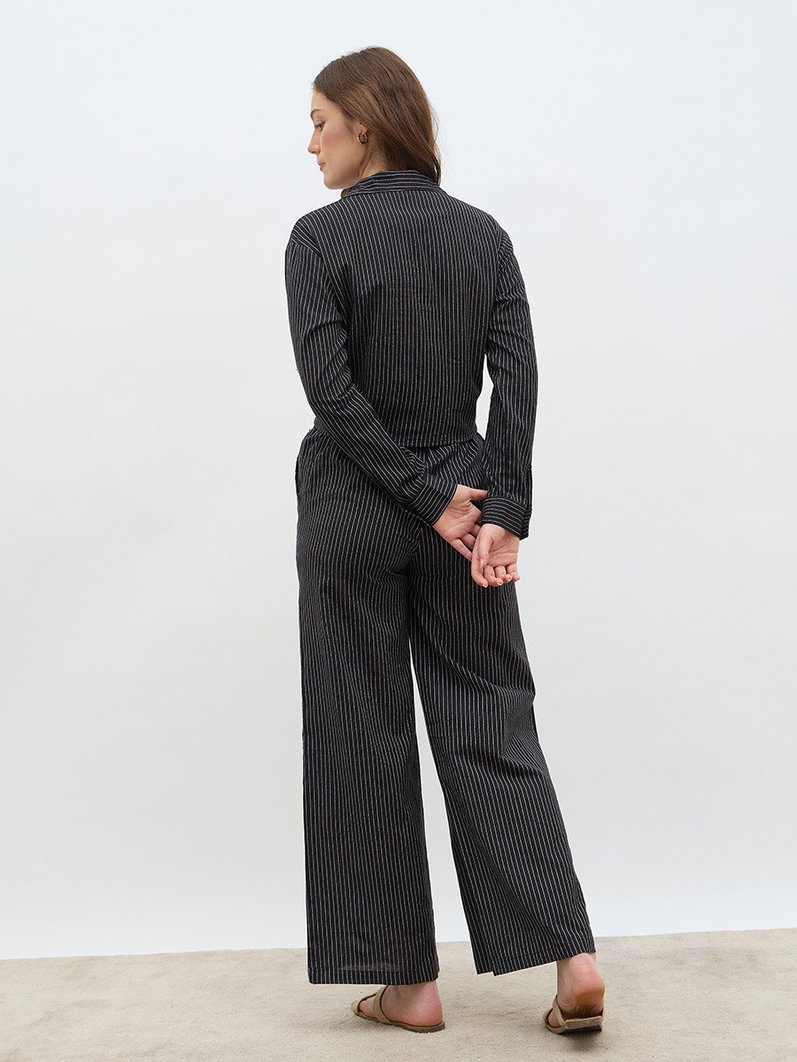 Front Knot Striped Shirt and Pants Co-Ords