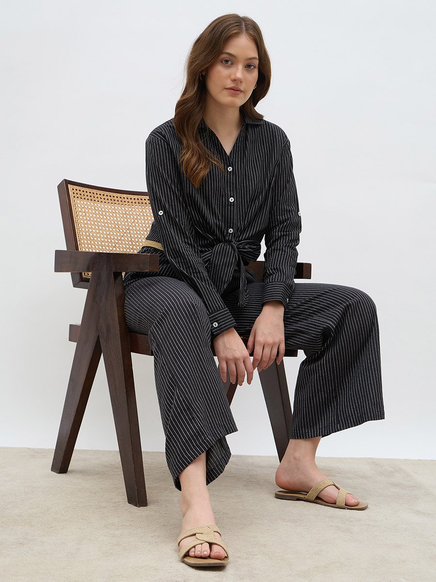 Front Knot Striped Shirt and Pants Co-Ords