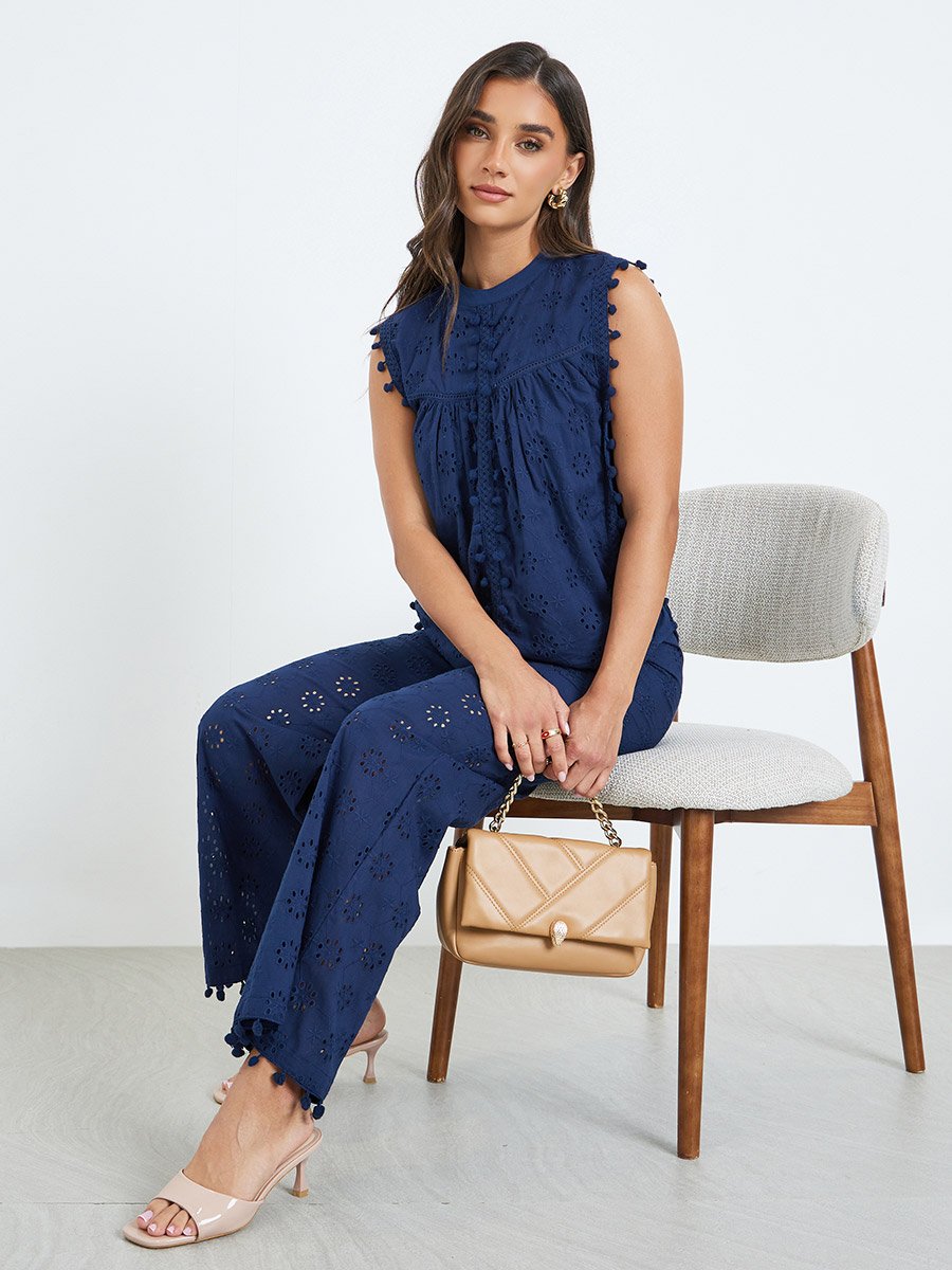 Women Navy Blue Top and Wide Leg Pants Co-Ords