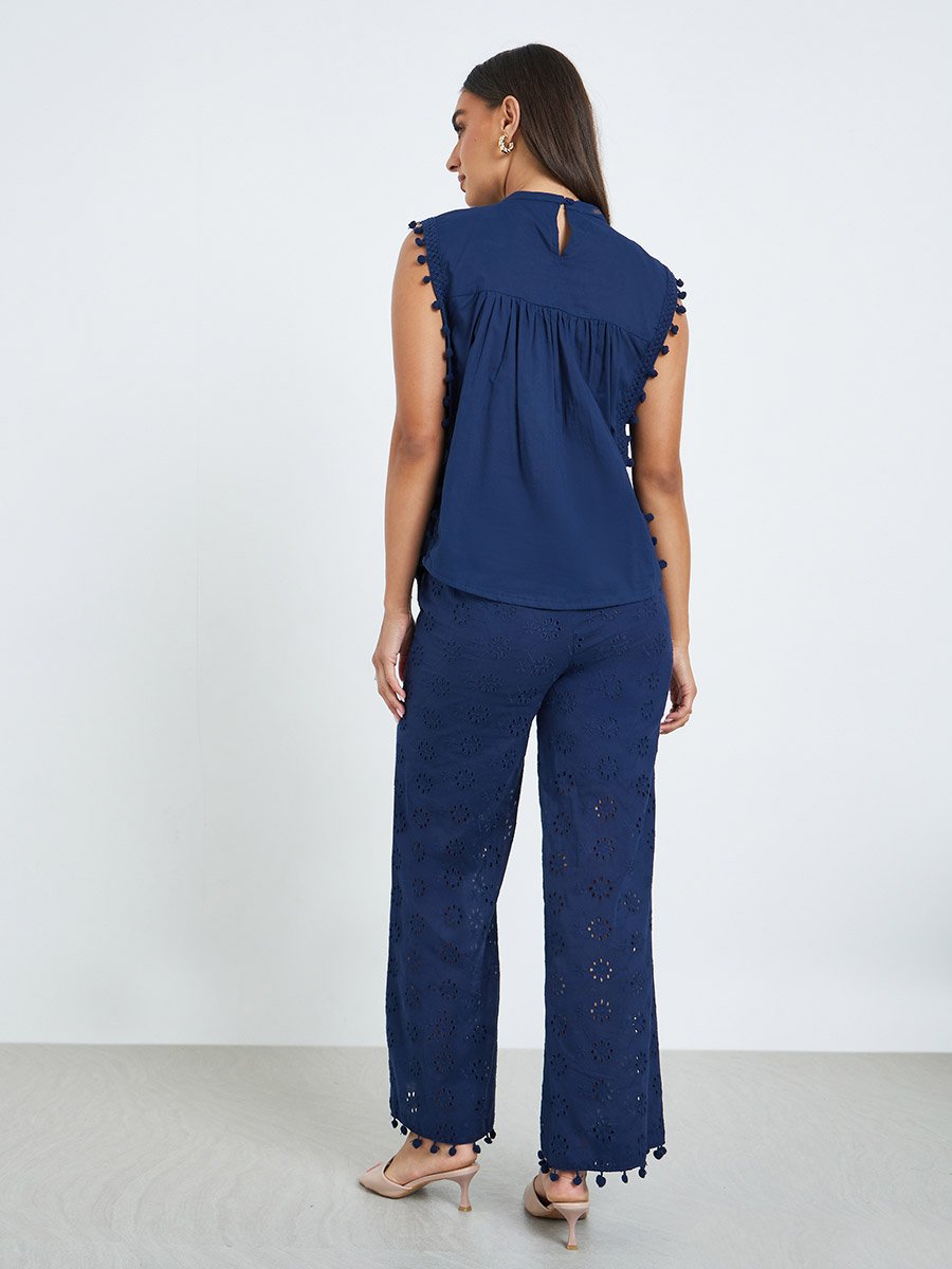 Women Navy Blue Top and Wide Leg Pants Co-Ords