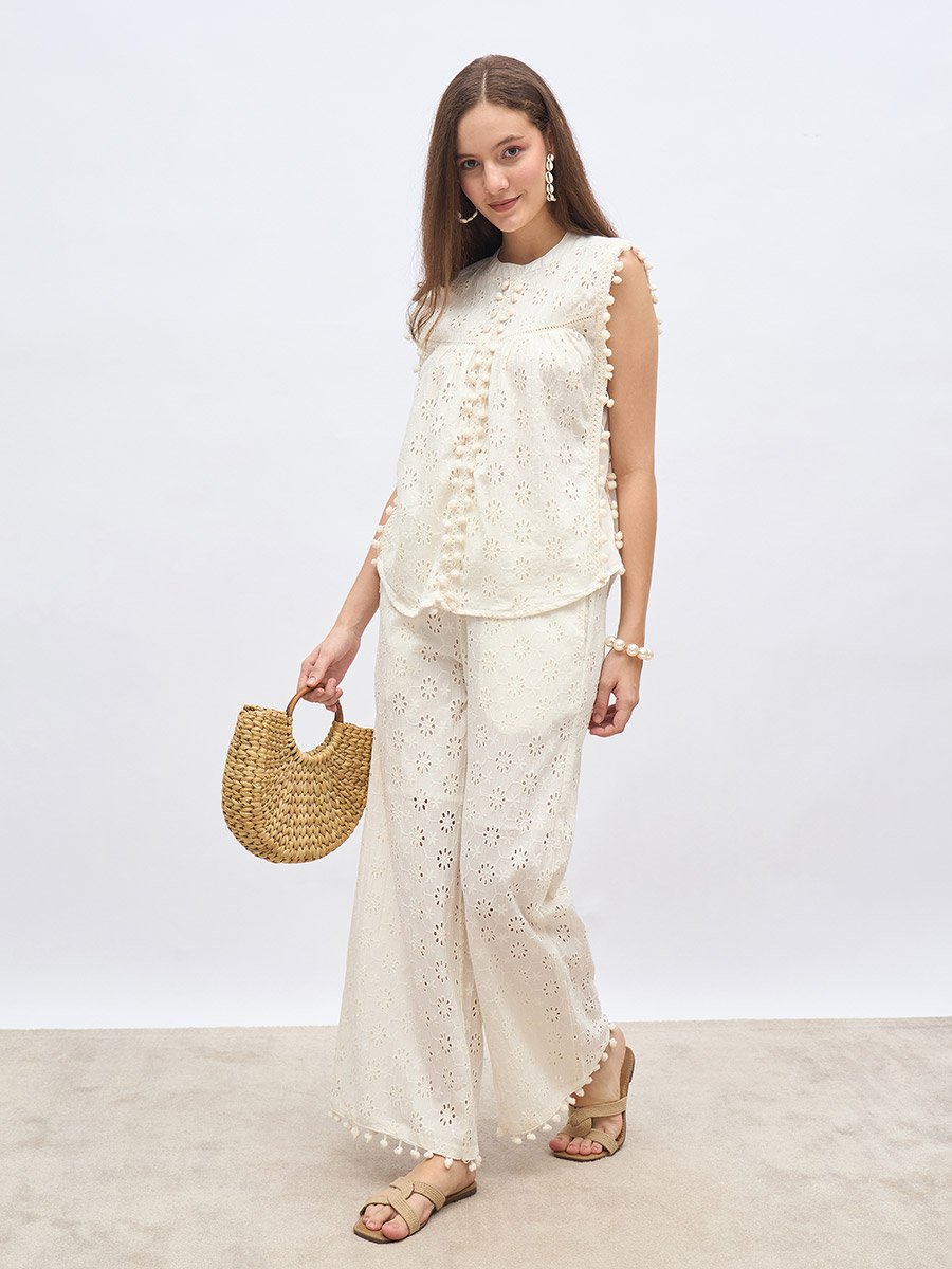 Off White Sleeveless Schiffli Top and Pants Co-Ords