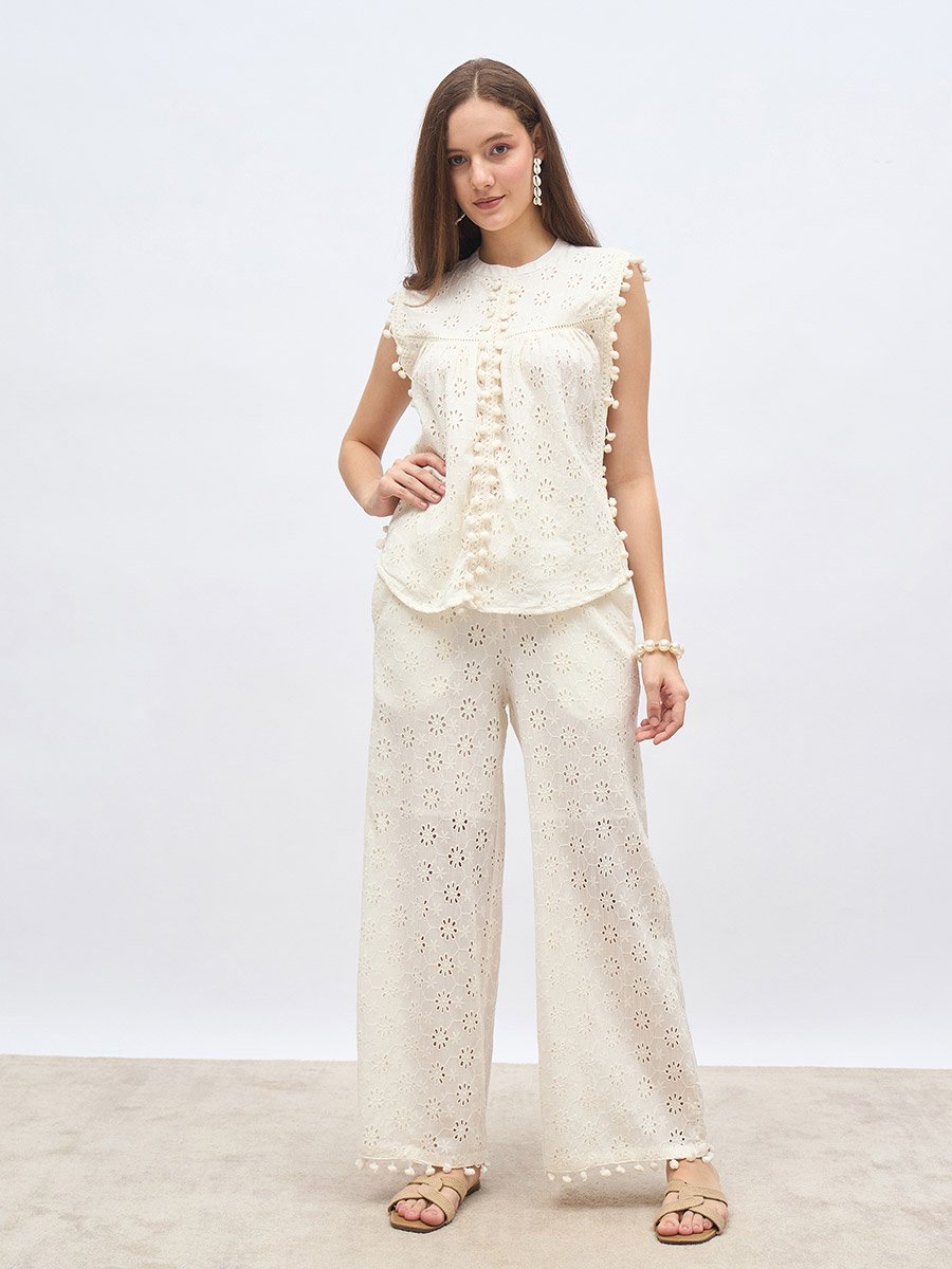 Off White Sleeveless Schiffli Top and Pants Co-Ords