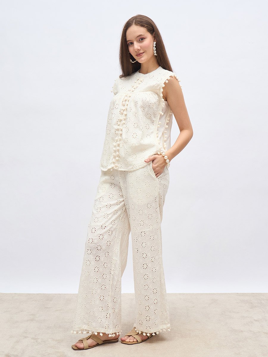 Off White Sleeveless Schiffli Top and Pants Co-Ords