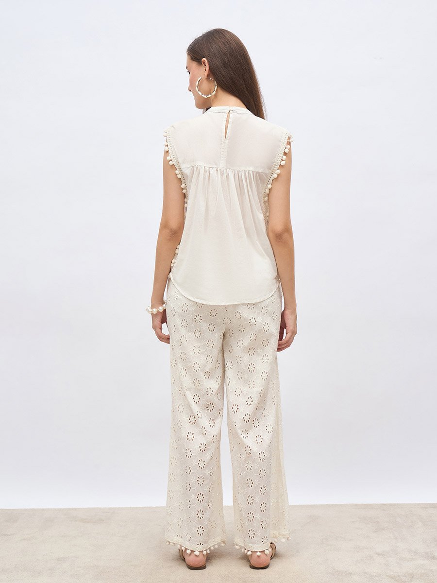 Off White Sleeveless Schiffli Top and Pants Co-Ords