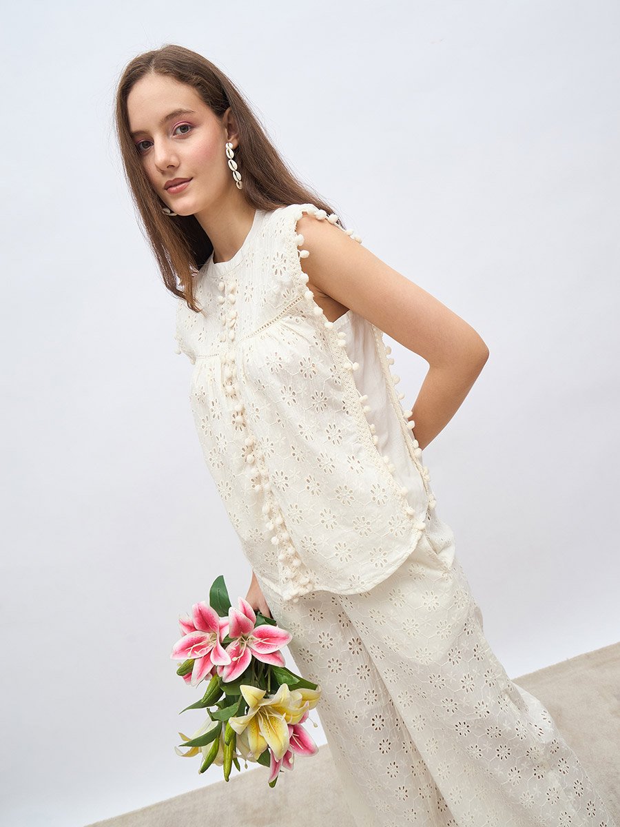 Off White Sleeveless Schiffli Top and Pants Co-Ords