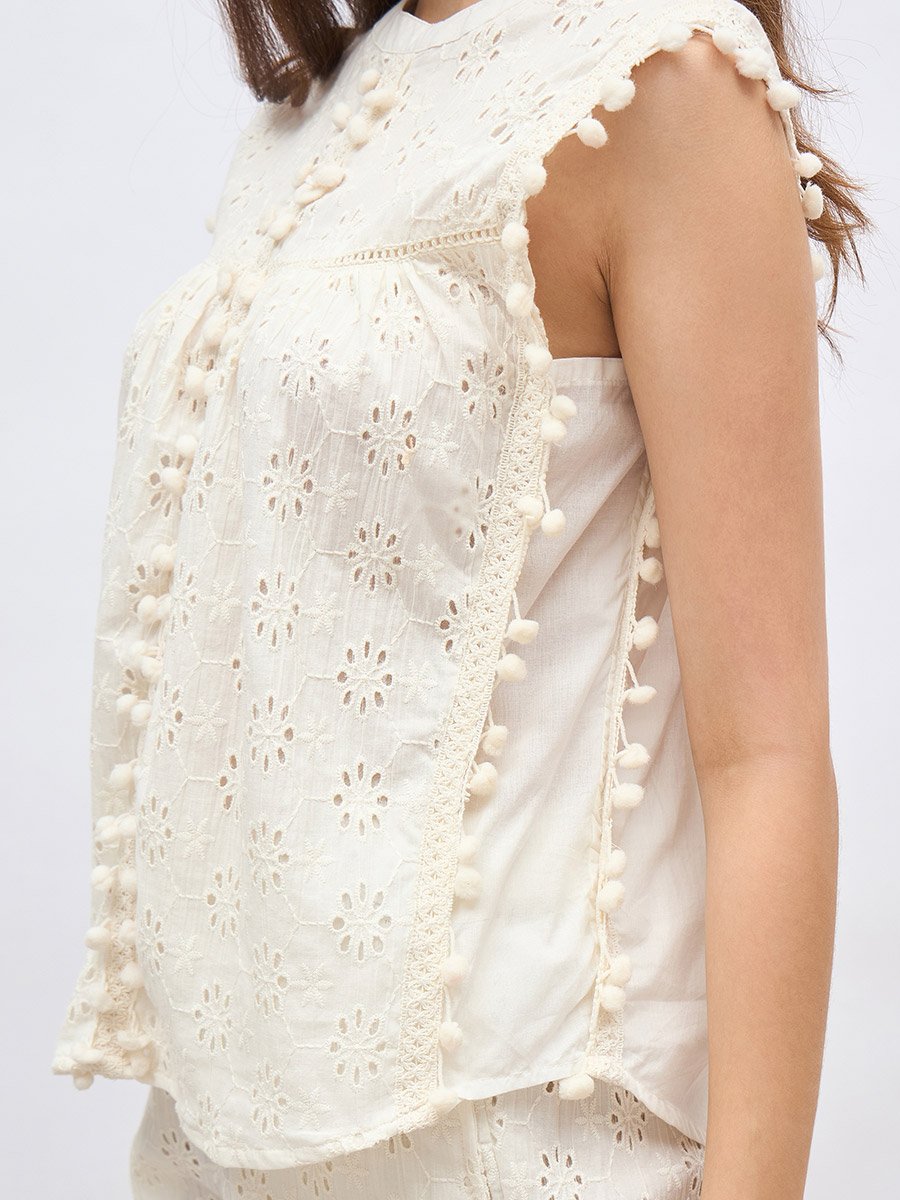 Off White Sleeveless Schiffli Top and Pants Co-Ords