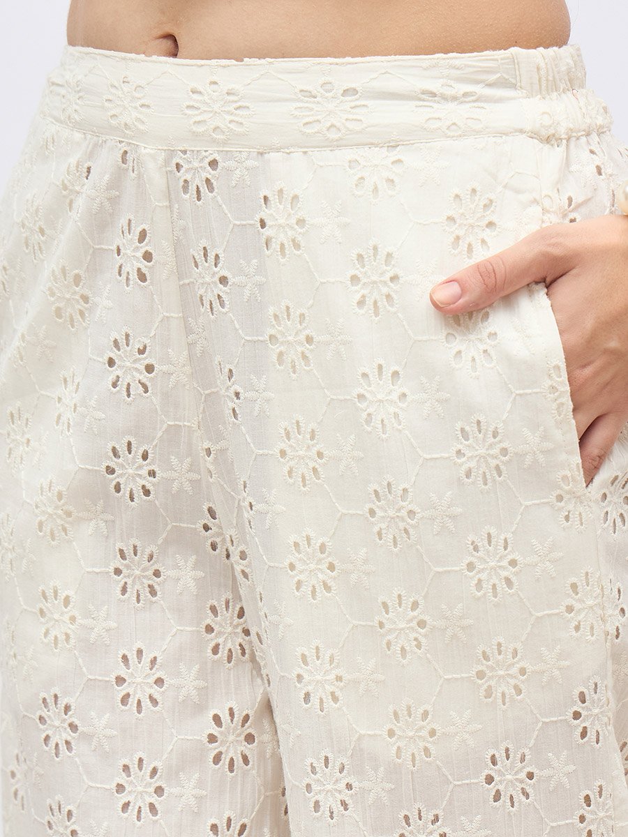 Off White Sleeveless Schiffli Top and Pants Co-Ords