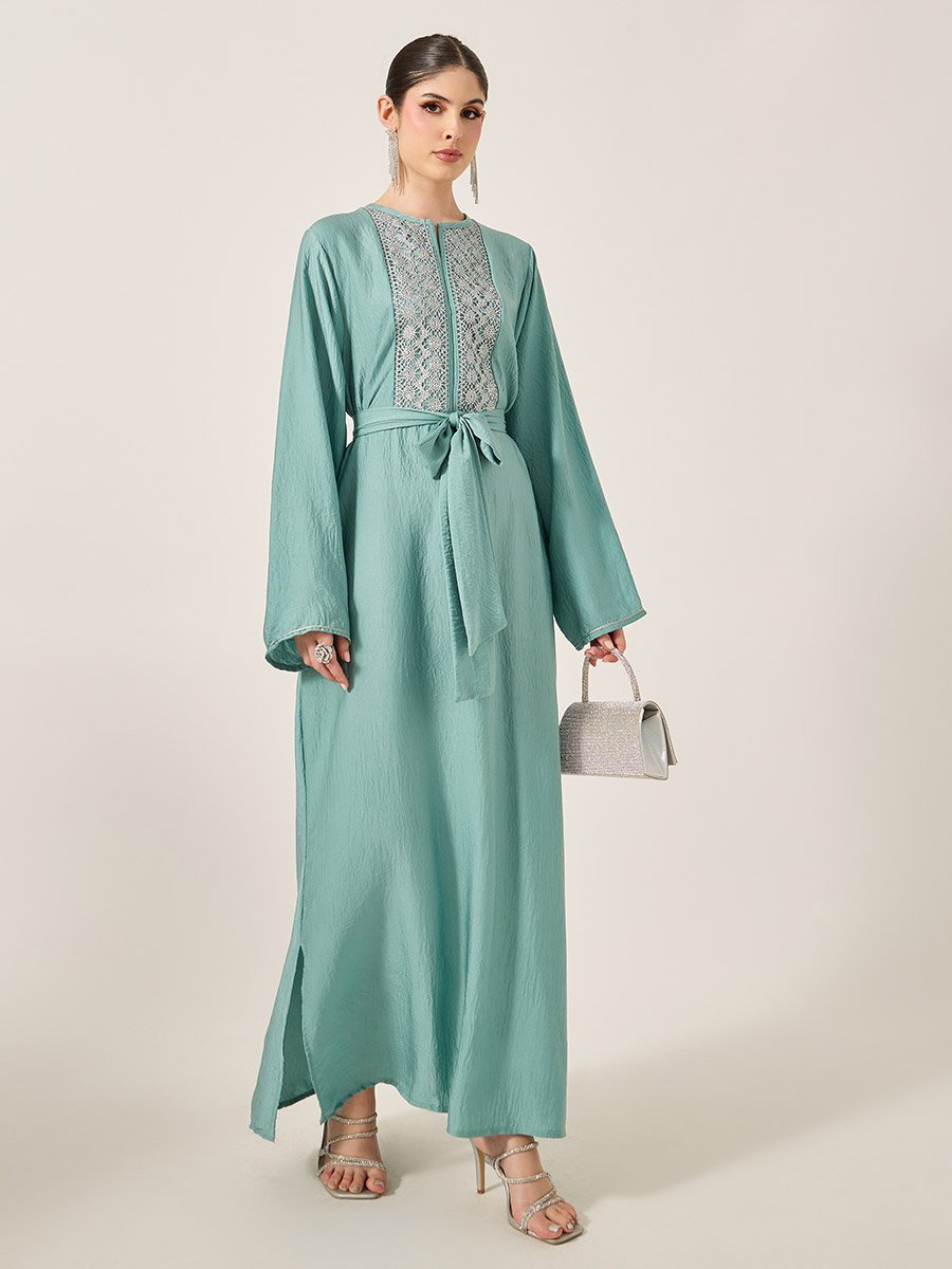 Satin Lace Insert Notch Neck Jalabyia