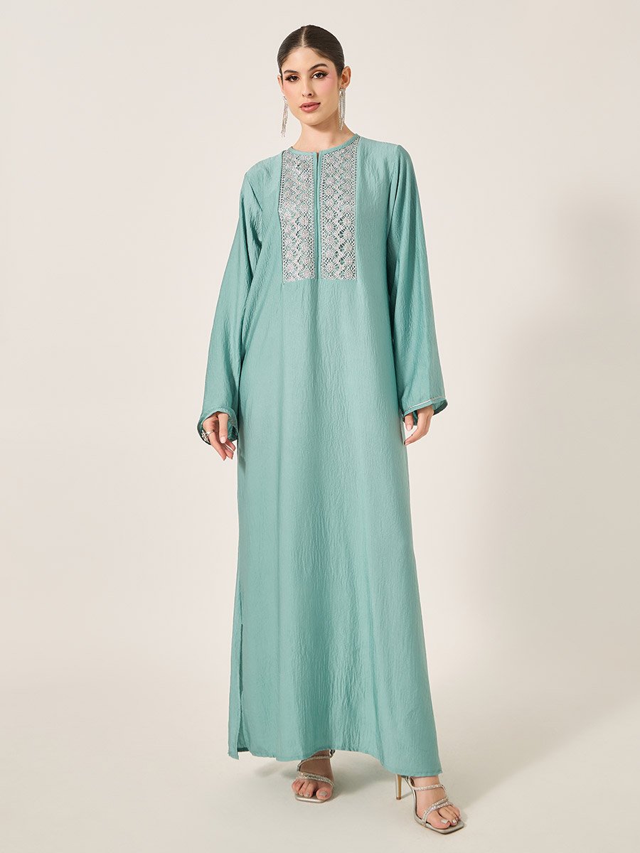 Satin Lace Insert Notch Neck Jalabyia