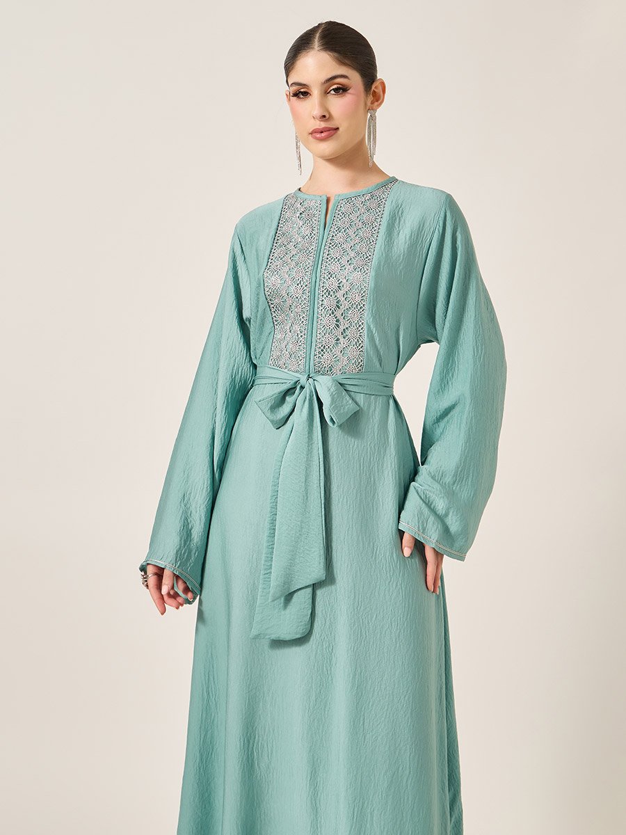 Satin Lace Insert Notch Neck Jalabyia