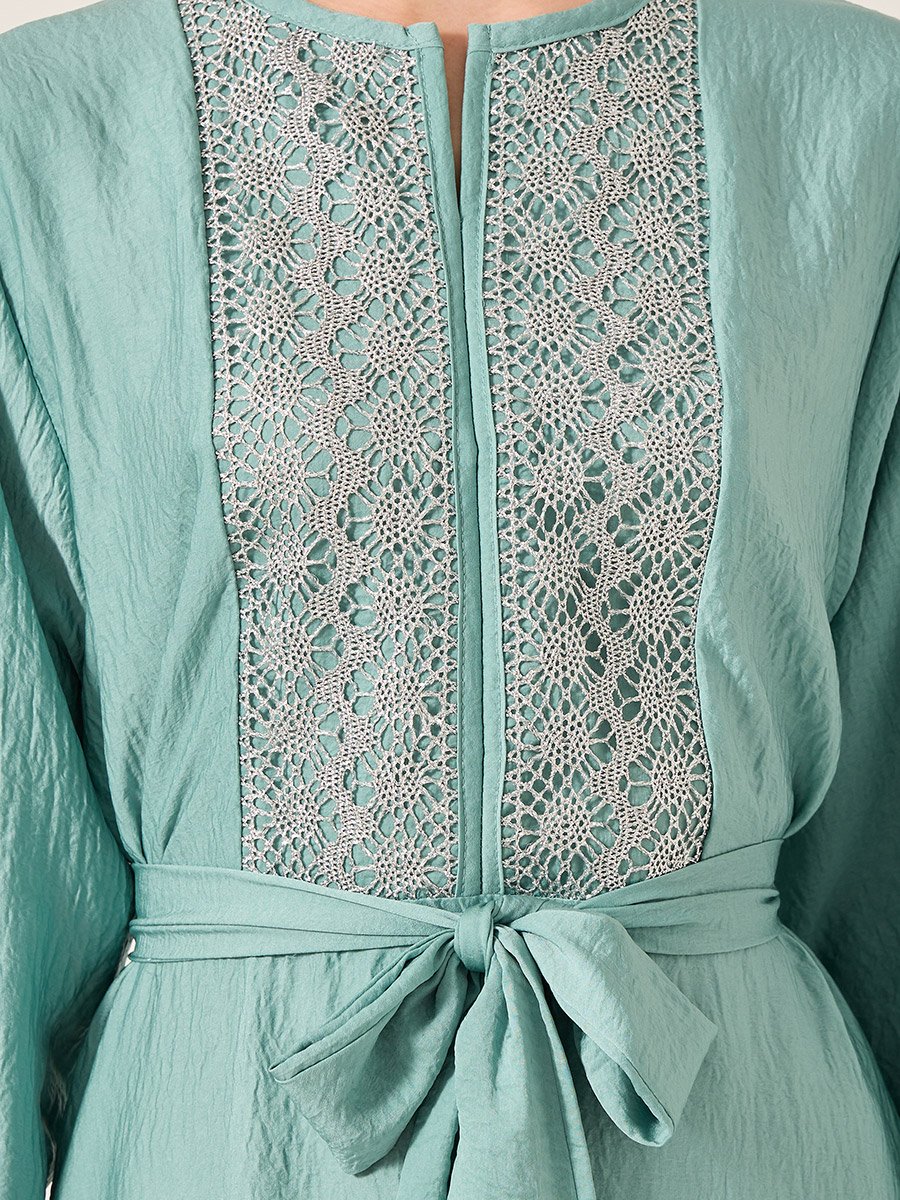 Satin Lace Insert Notch Neck Jalabyia