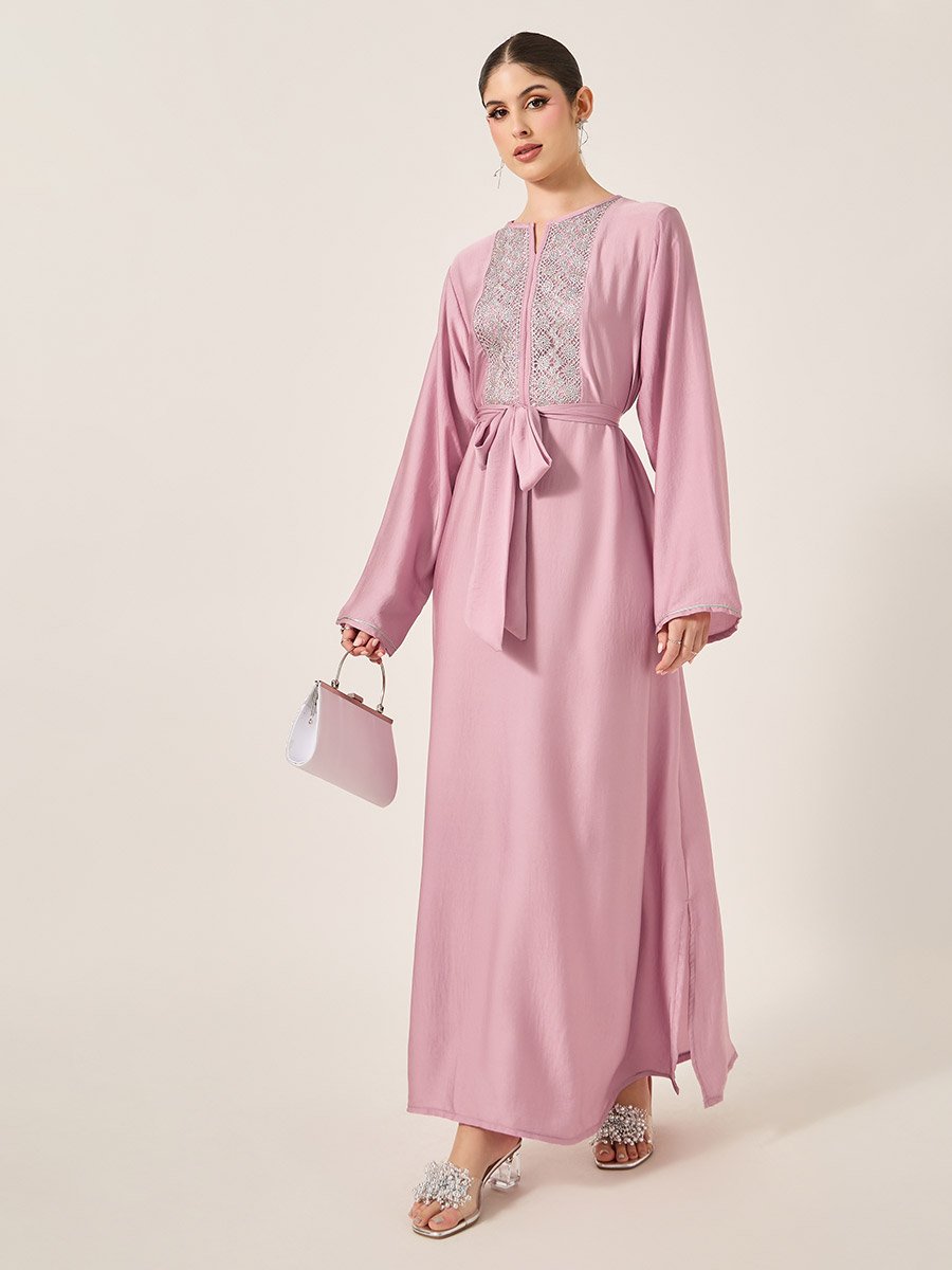 Satin Lace Insert Notch Neck Jalabyia
