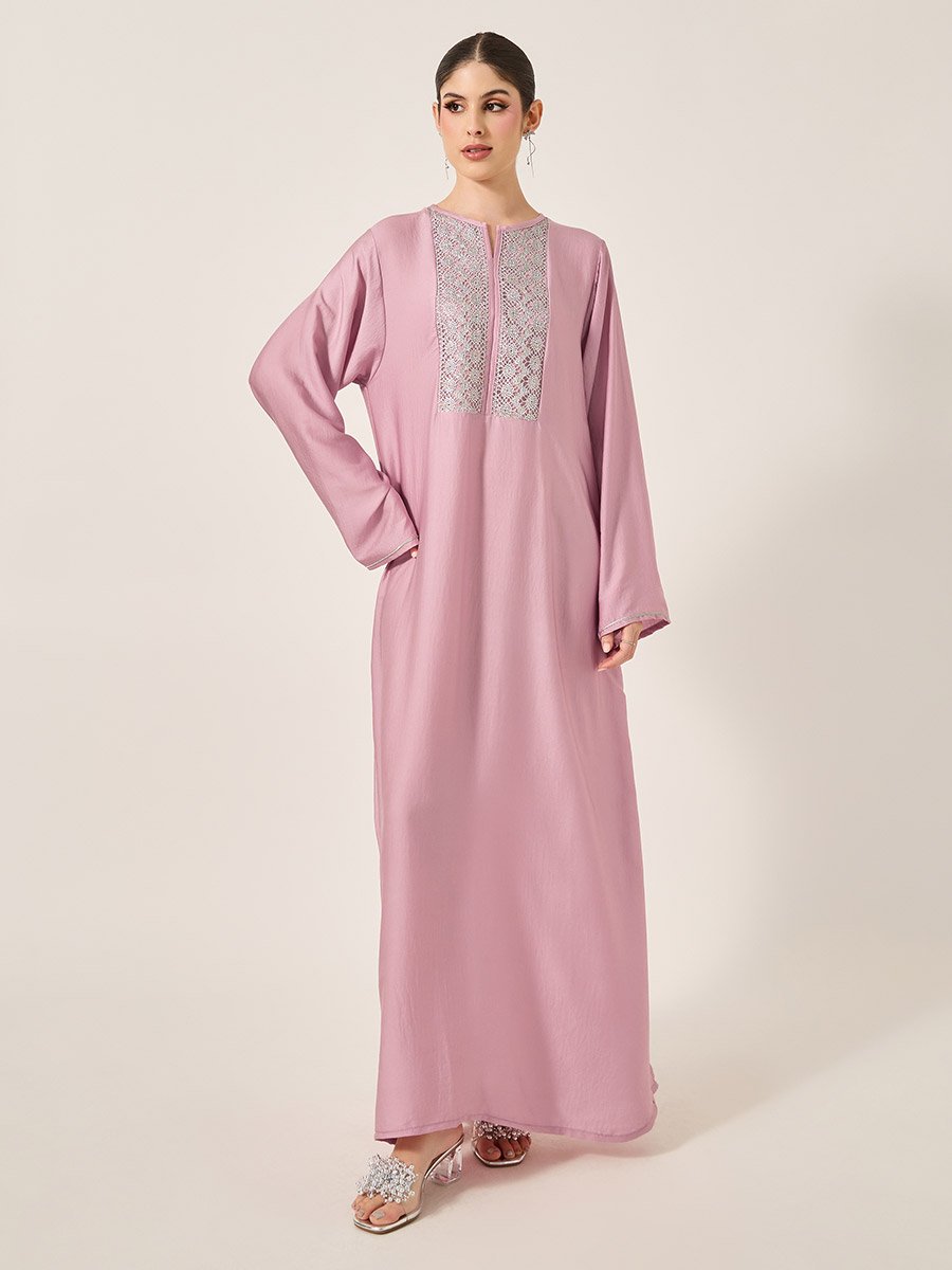 Satin Lace Insert Notch Neck Jalabyia