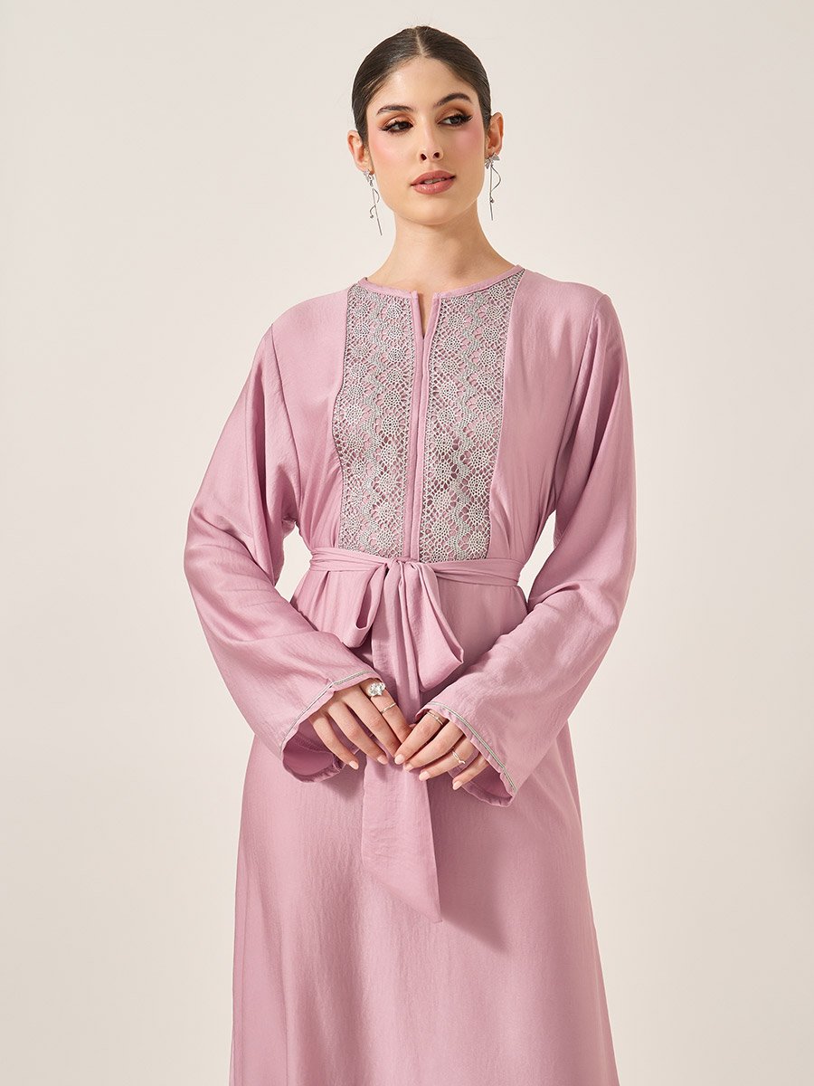 Satin Lace Insert Notch Neck Jalabyia