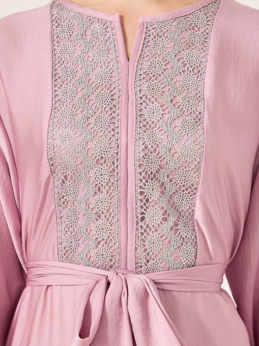 Satin Lace Insert Notch Neck Jalabyia