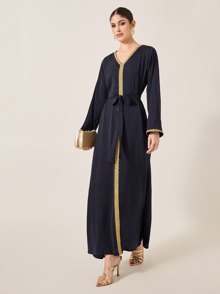 Lace Trim Waist Tie-Up V-Neck Jalabyia
