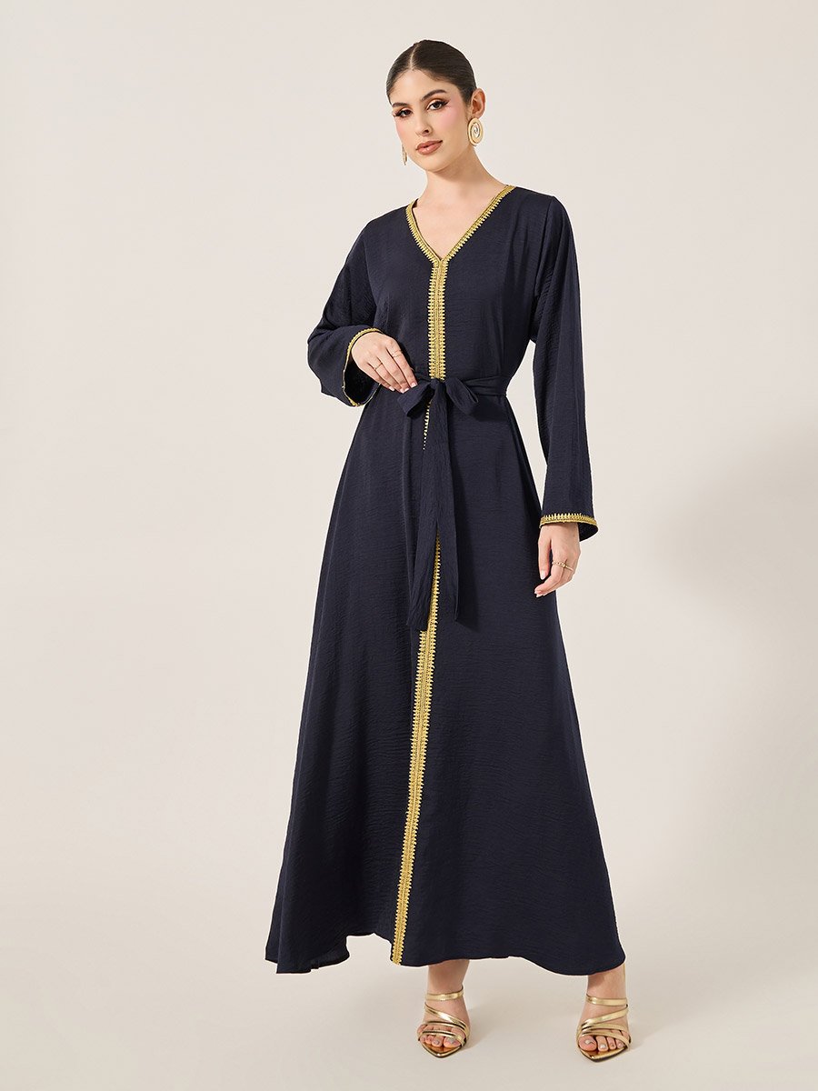 Lace Trim Waist Tie-Up V-Neck Jalabyia