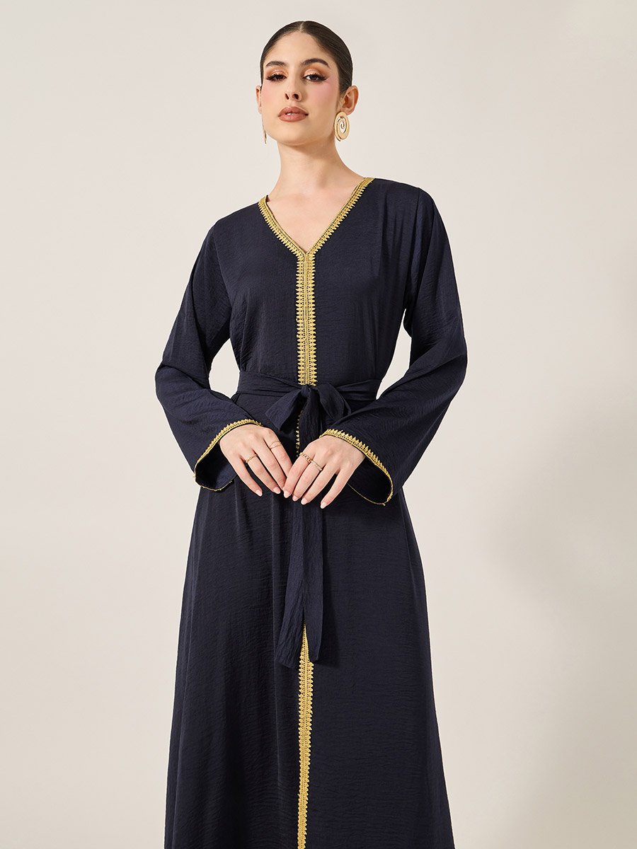 Lace Trim Waist Tie-Up V-Neck Jalabyia