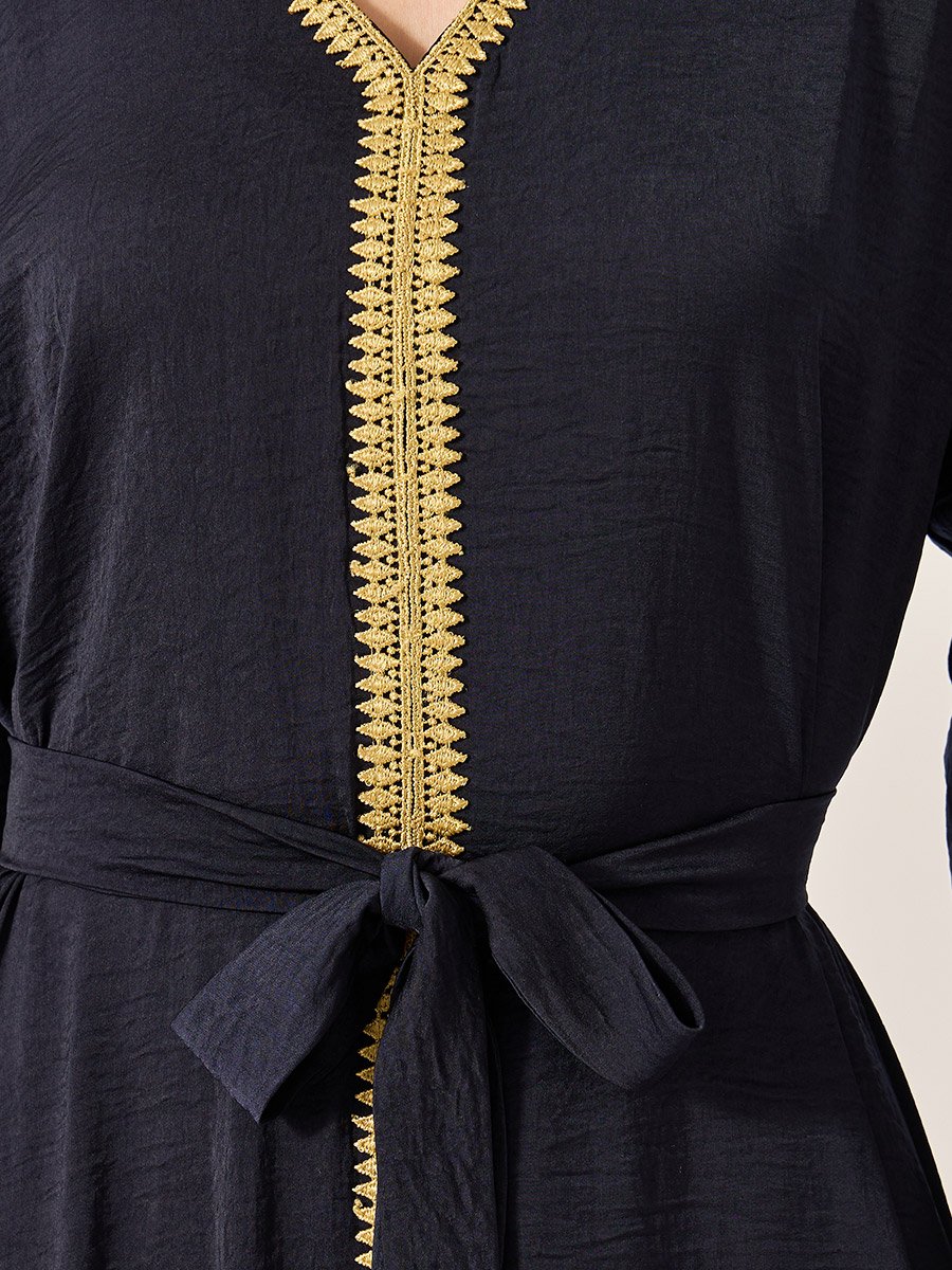 Lace Trim Waist Tie-Up V-Neck Jalabyia