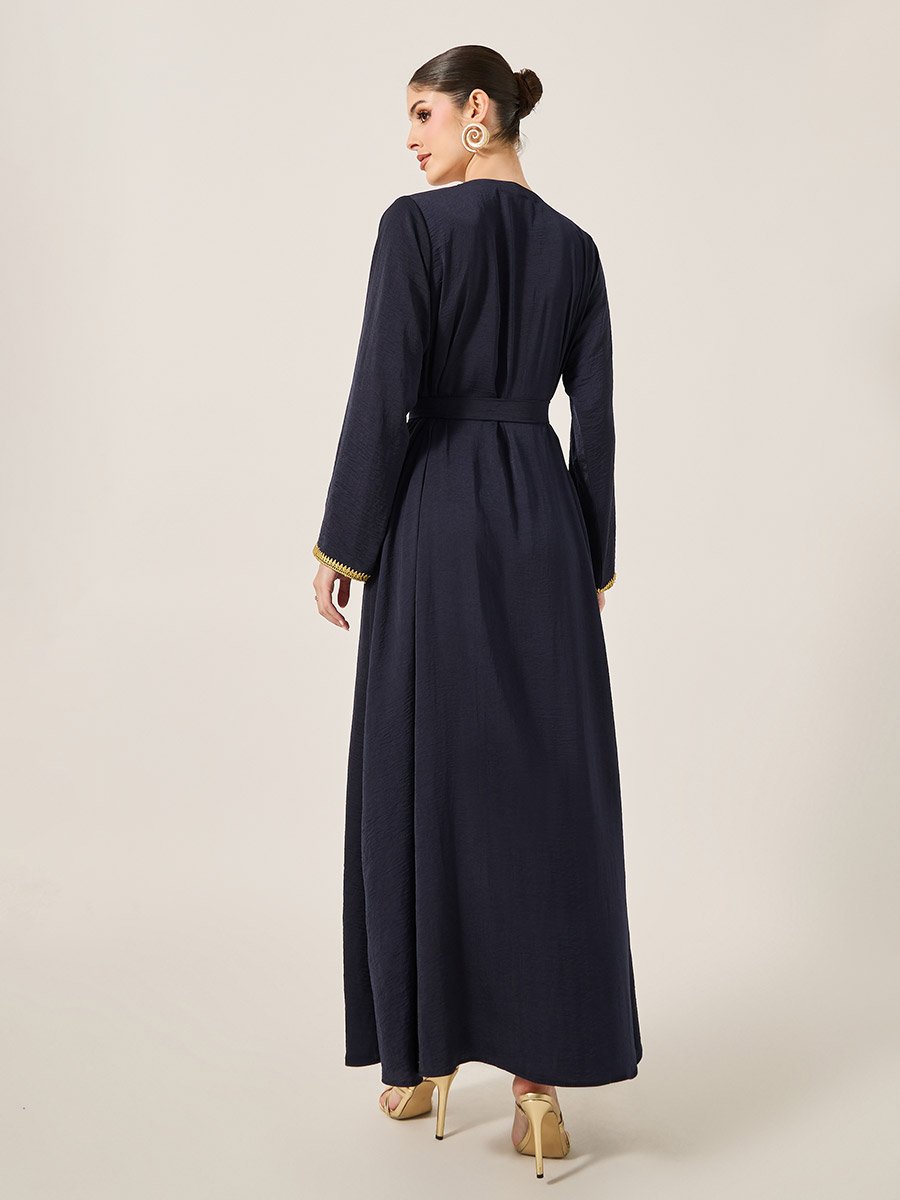 Lace Trim Waist Tie-Up V-Neck Jalabyia