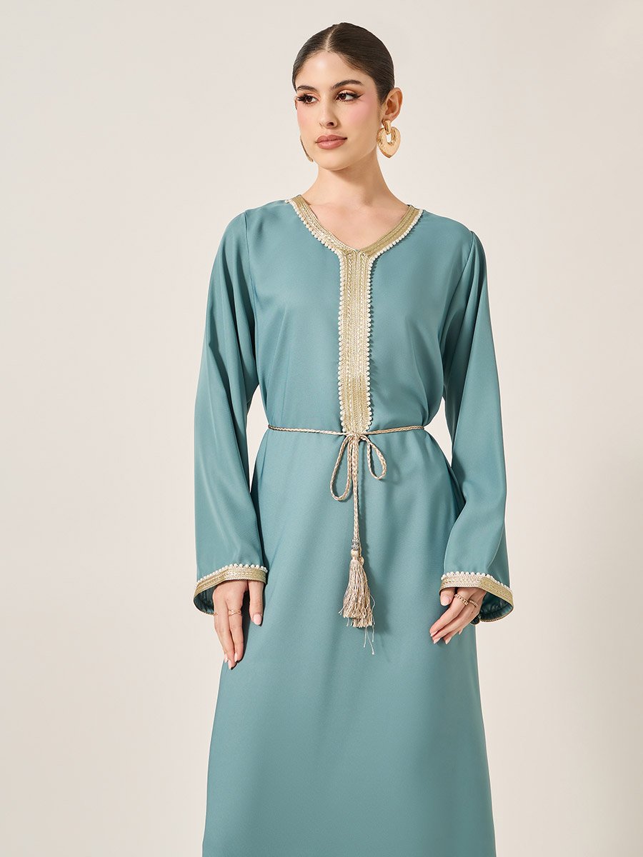 Satin Lace Trim Detail Waist Tie-Up A-Line Jalabyia