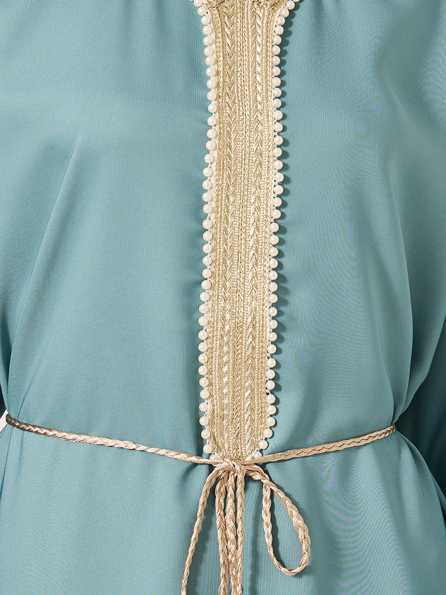 Satin Lace Trim Detail Waist Tie-Up A-Line Jalabyia