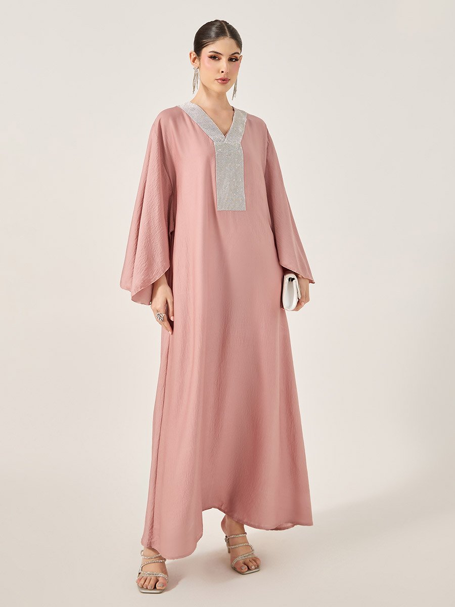 Satin Angel Sleeve Embellished V-Neck Jalabyia
