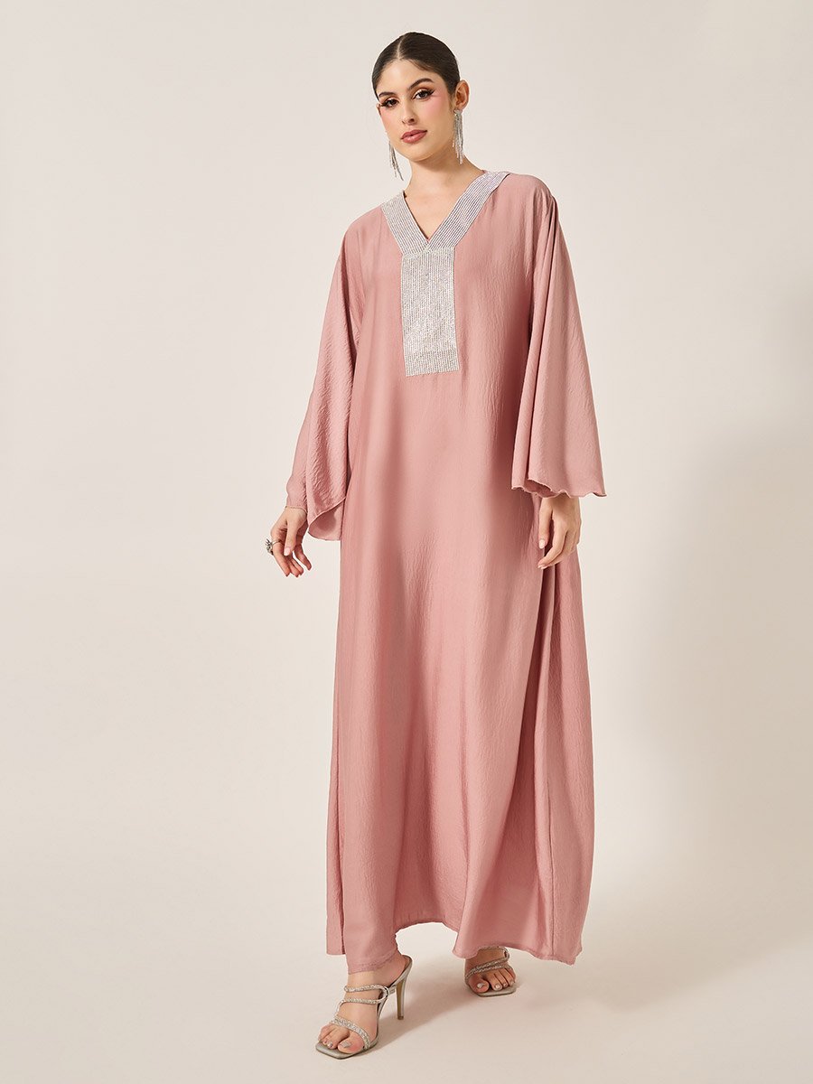 Satin Angel Sleeve Embellished V-Neck Jalabyia