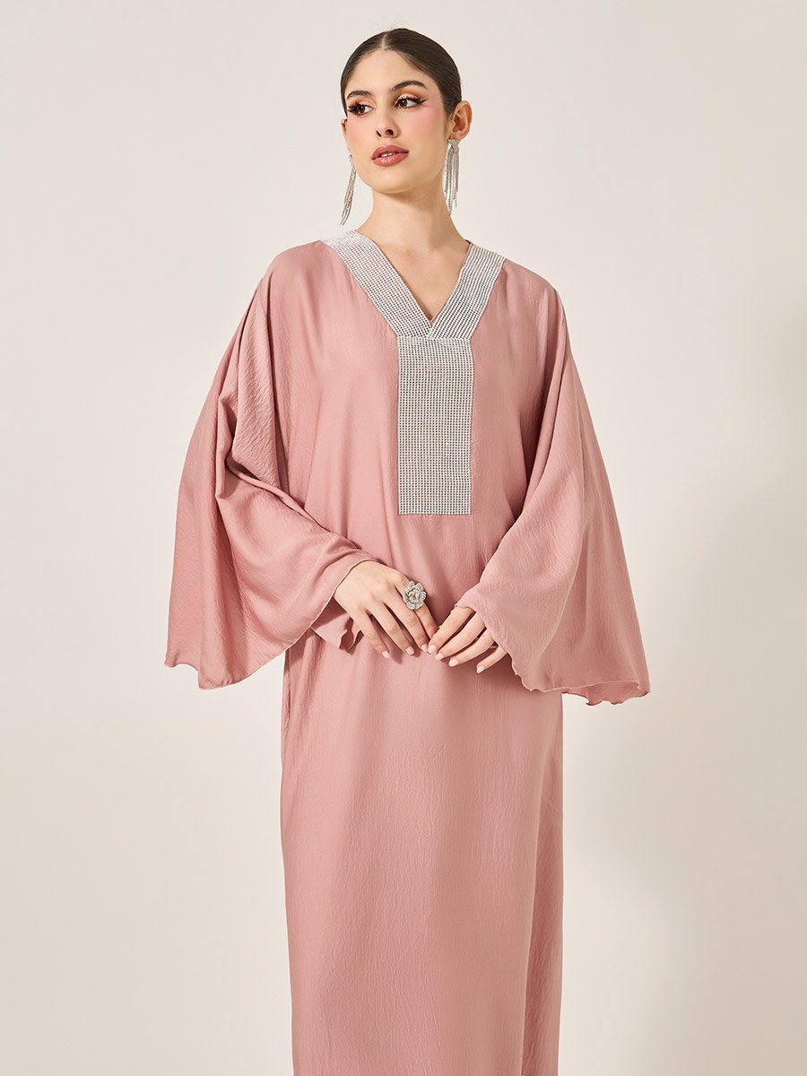 Satin Angel Sleeve Embellished V-Neck Jalabyia