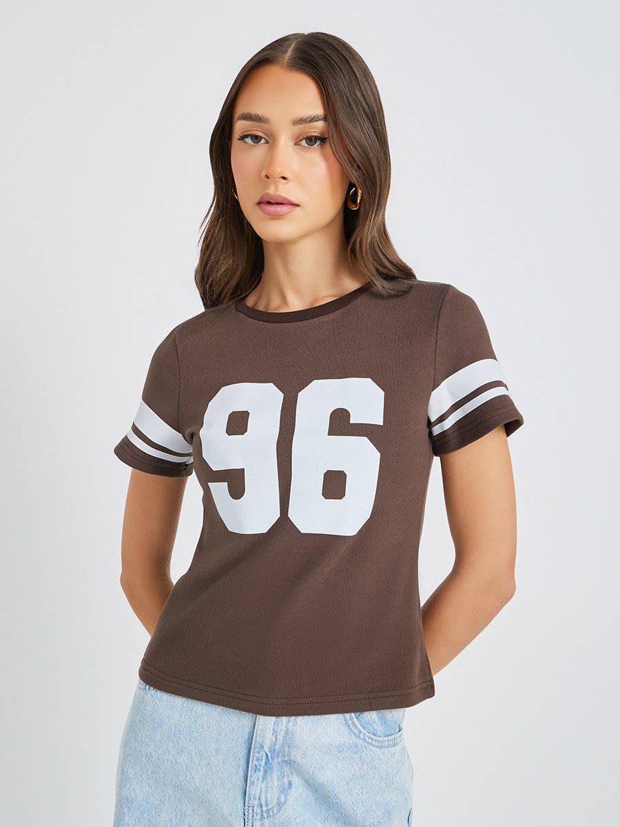 Varsity Print Short Sleeve Cropped Fitted T-Shirt