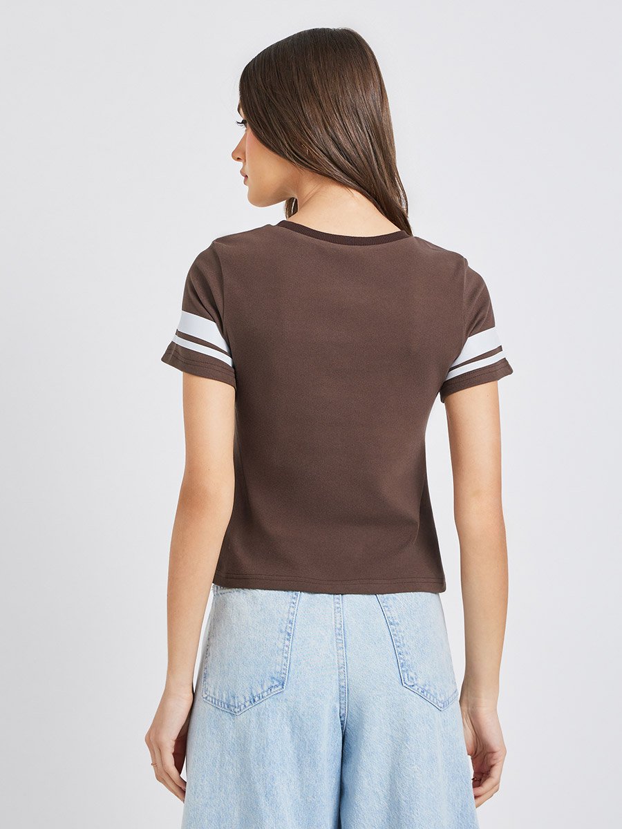 Varsity Print Short Sleeve Cropped Fitted T-Shirt