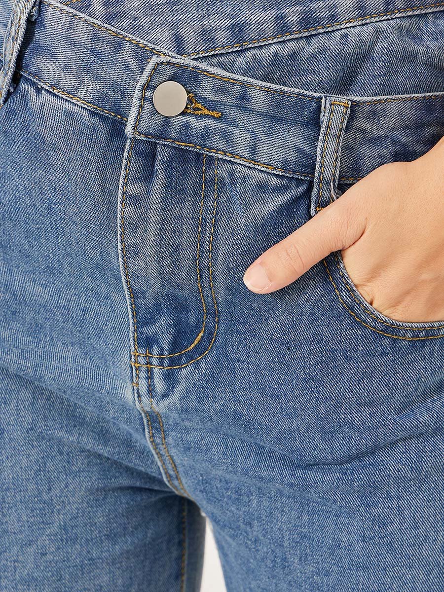 Wide Leg Faded Jeans with Asymmetric Waistband