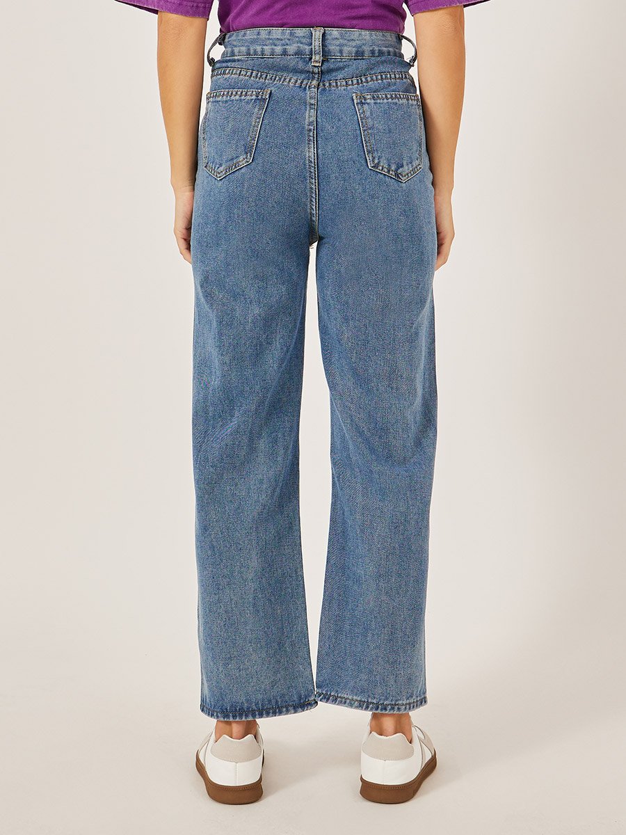 Wide Leg Faded Jeans with Asymmetric Waistband