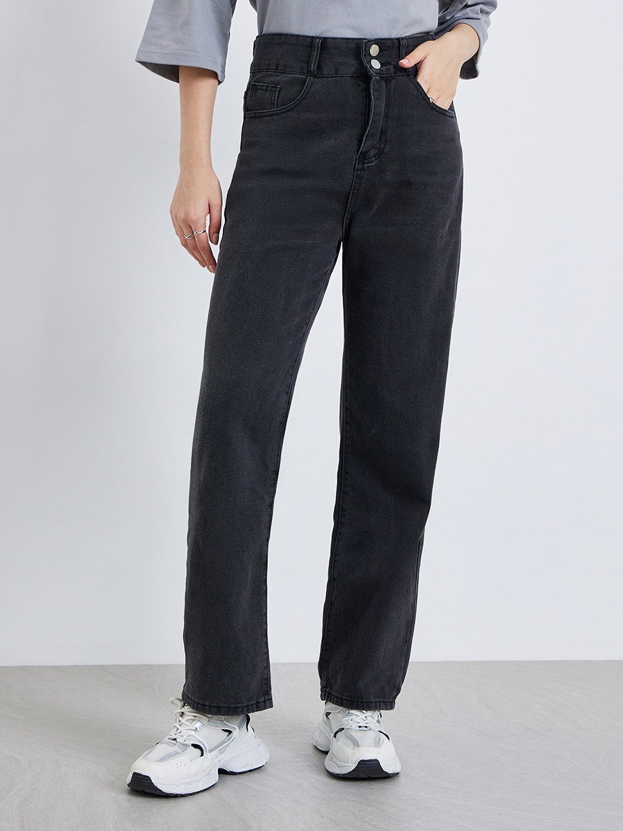 Mid Rise Plain Wide Leg Jeans
