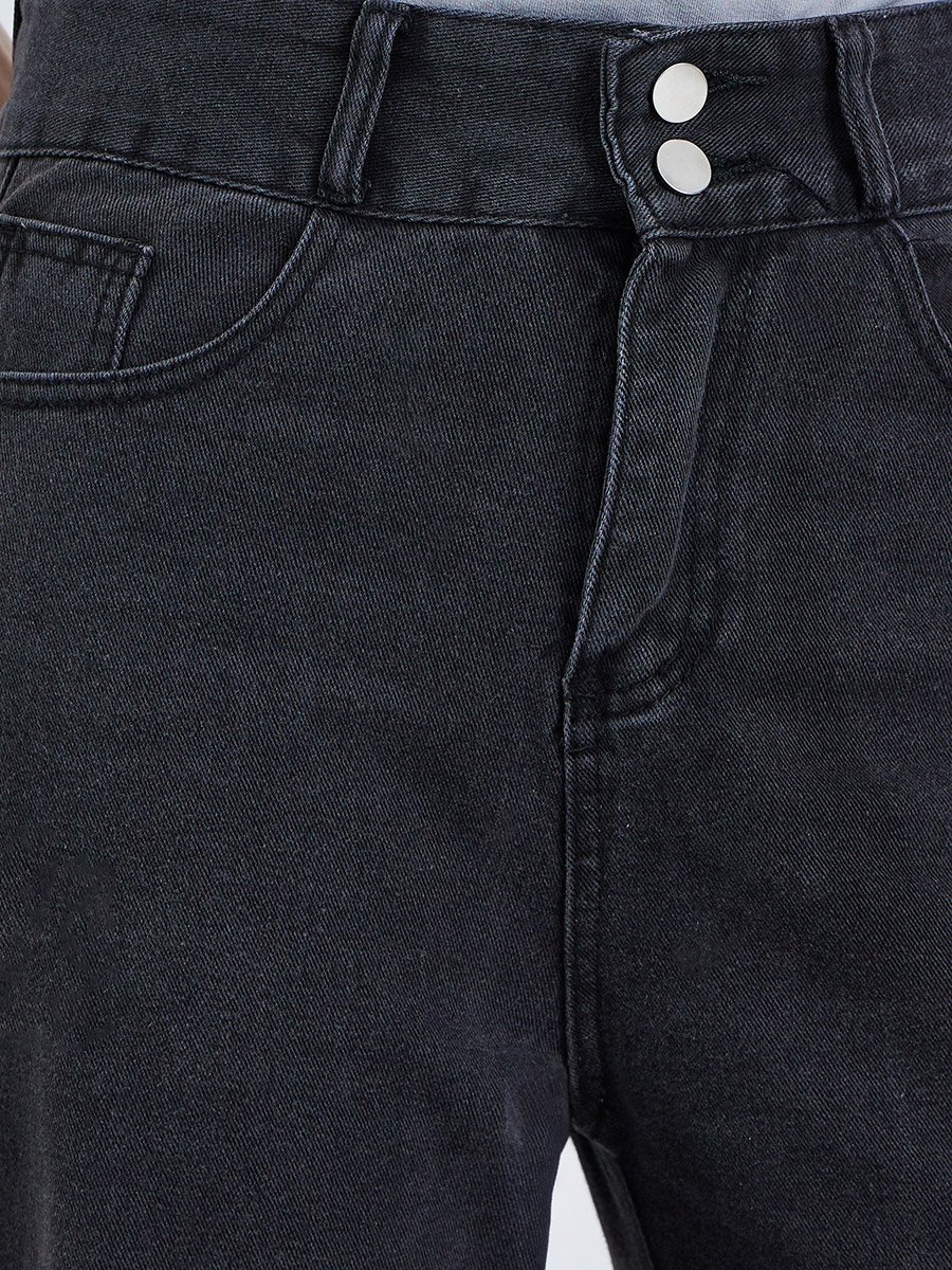 Mid Rise Plain Wide Leg Jeans